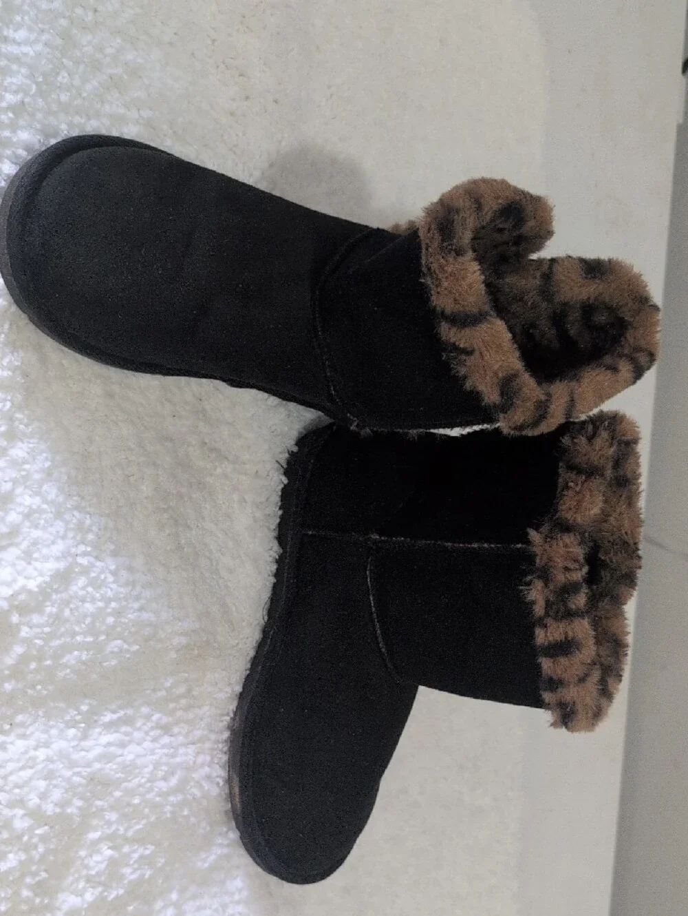 Serra Black Kids Winter Boots with Brown Leopard Faux Fur Trim